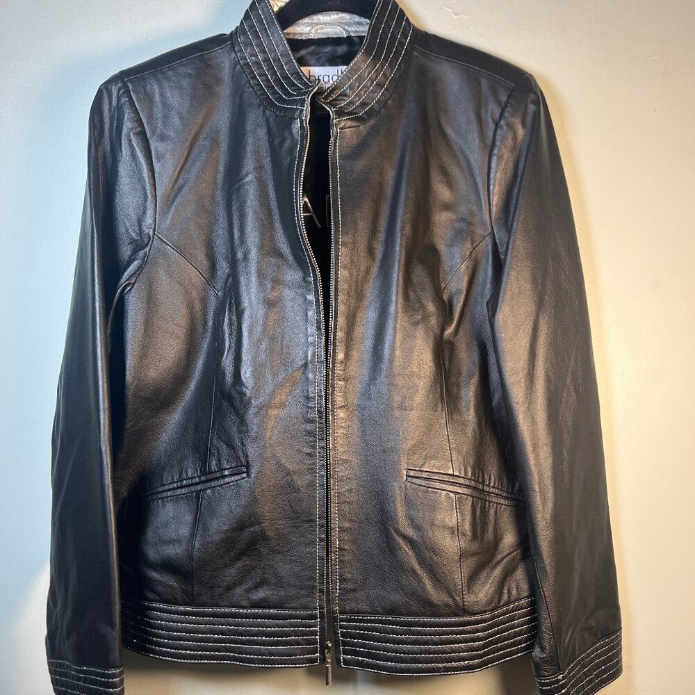 Bradley Bayou Women's LG Leather Jacket Moto Style Black W/Silver Trim Goth